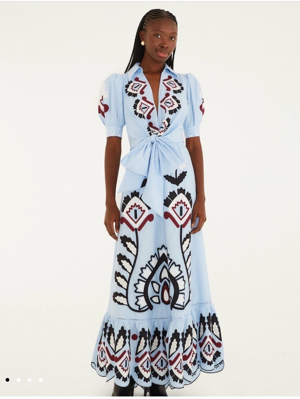 FARM Rio Light Blue Maxi Dress with Black and Burgundy Motif